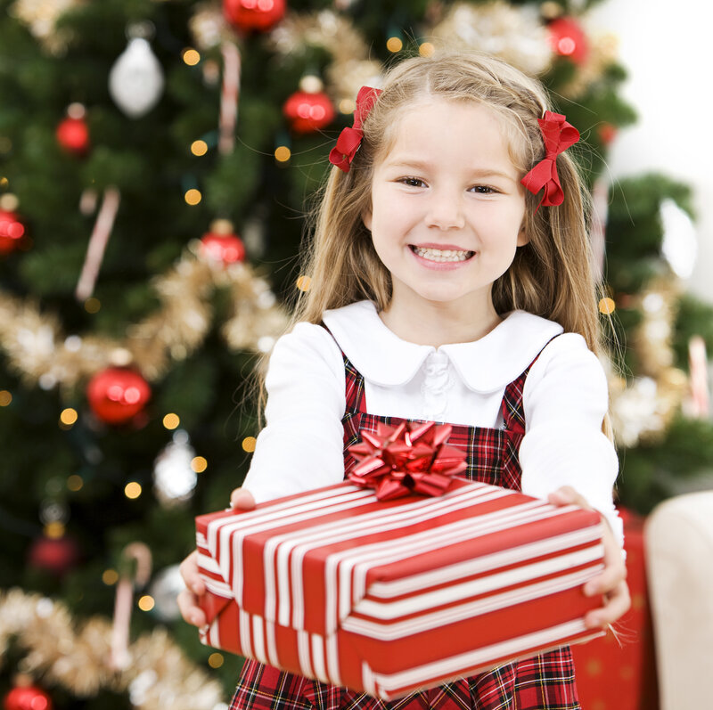 Girl Holding Gift Box — Red, Festive