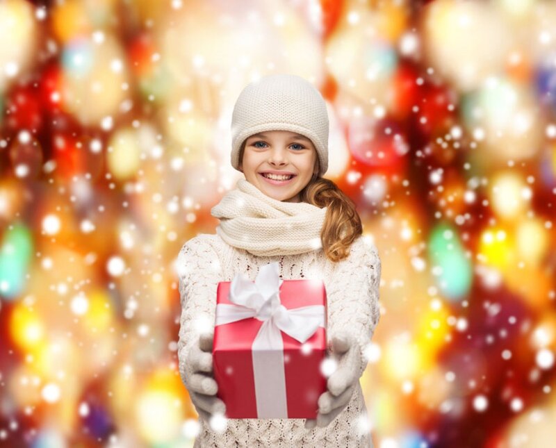 Girl Holding Gift Box — Red, Festive, Winter
