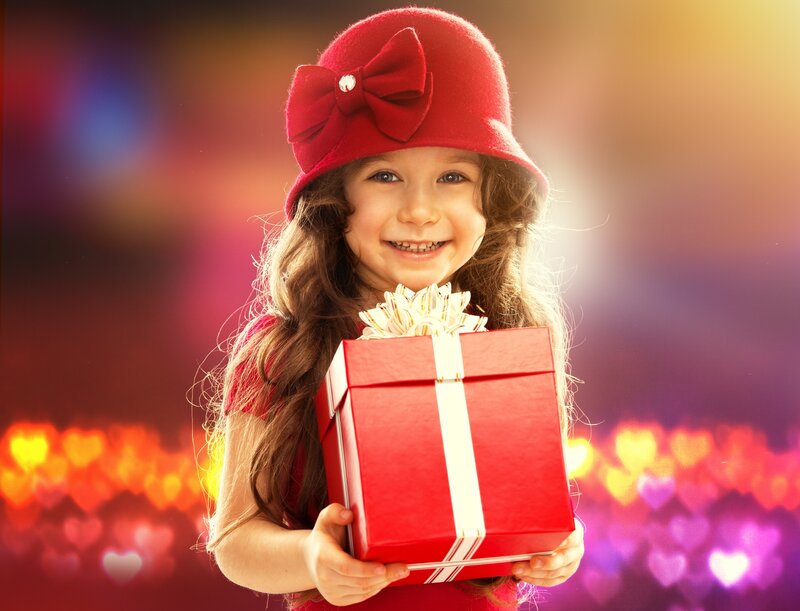Girl Holding Gift Box — Red, Joyful