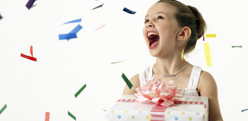 Girl Holding Gift Box — White, Celebratory