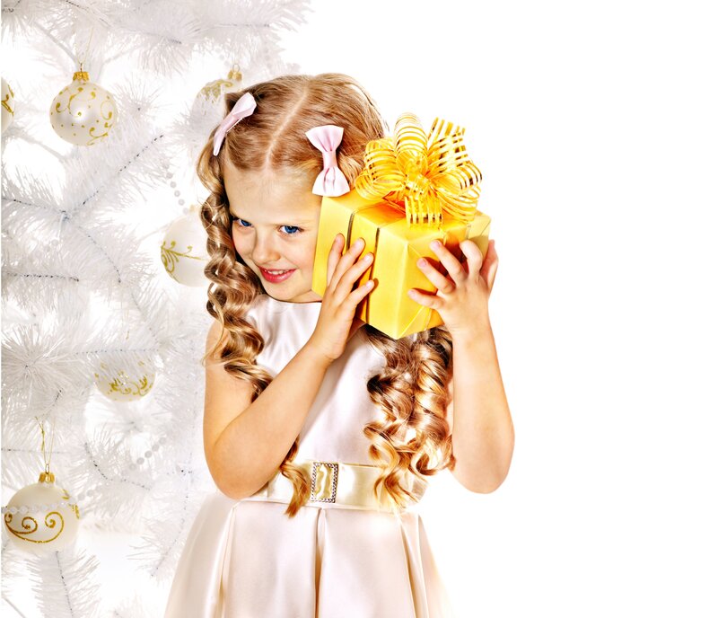Girl Holding Gift Box — White, Festive