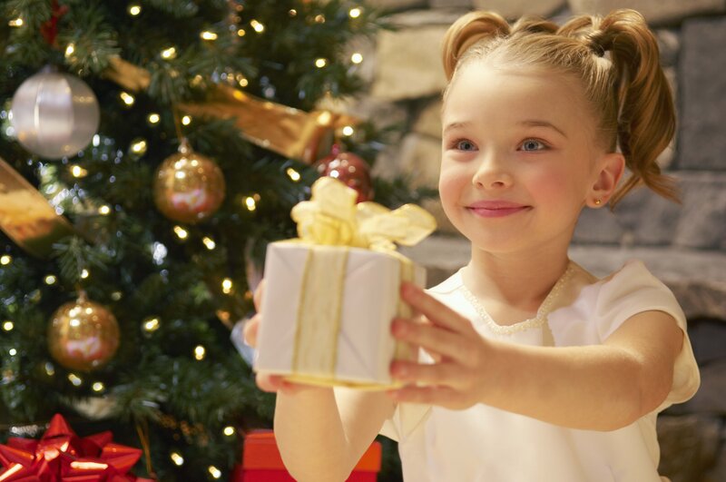 Girl Holding Gift Box — White, Festive, Winter, Photograph, Christmas Tree