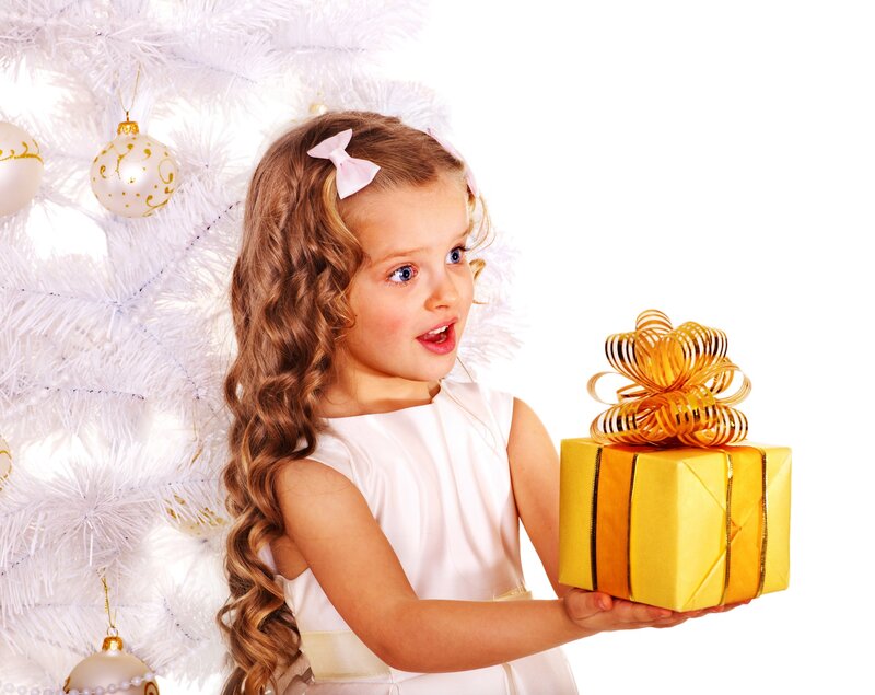 Girl Holding Gift Box — White, Festive, Winter, Photograph
