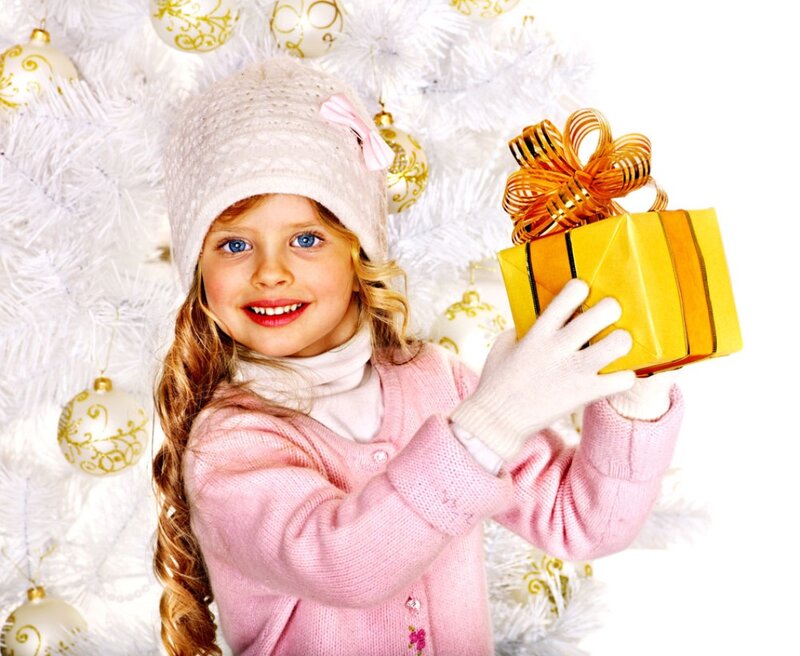 Girl Holding Gift Box — White, Festive, Winter