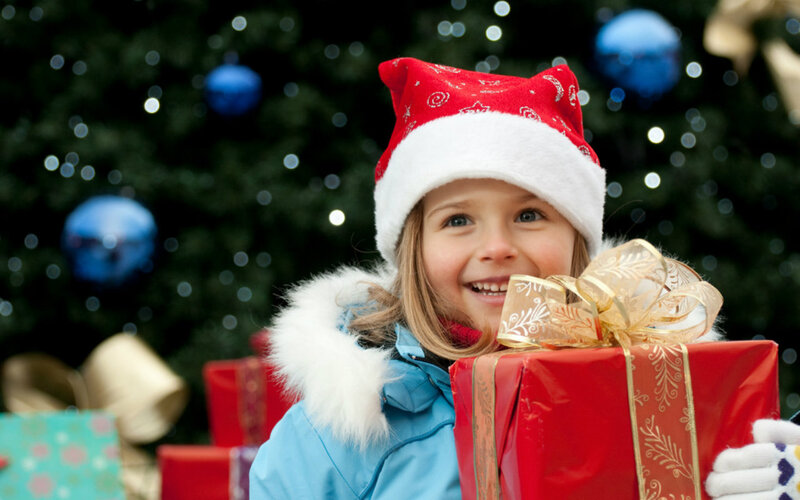 Girl Holding Gift — Red, Festive
