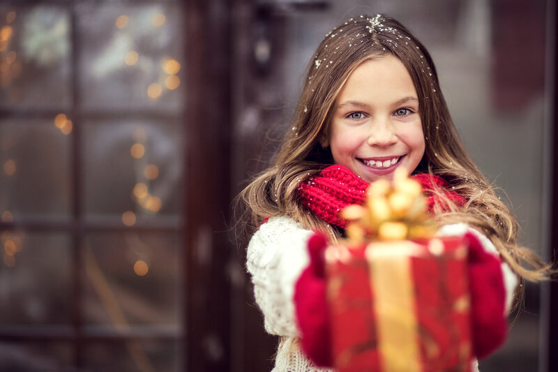 Girl Holding Gift — Red, Festive, Winter
