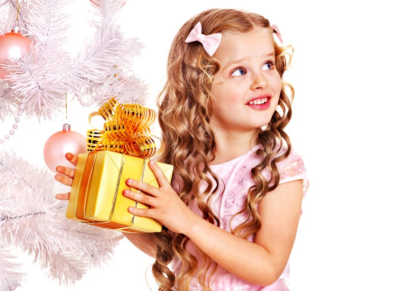 Girl Holding Gift — White, Festive