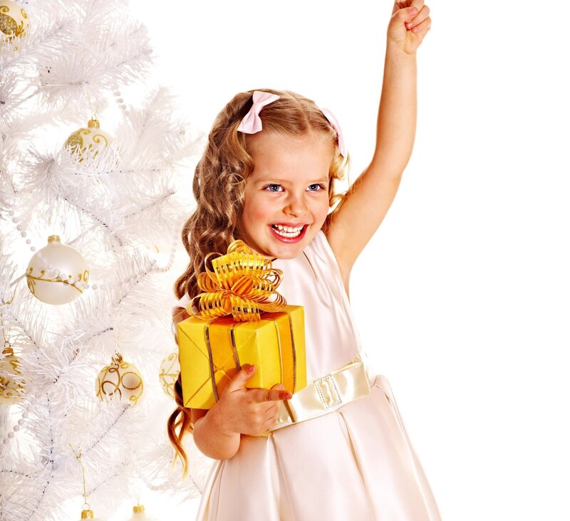 Girl Holding Gift — White, Joyful