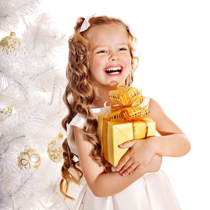 Girl Holding Gift — White, Joyful, Winter