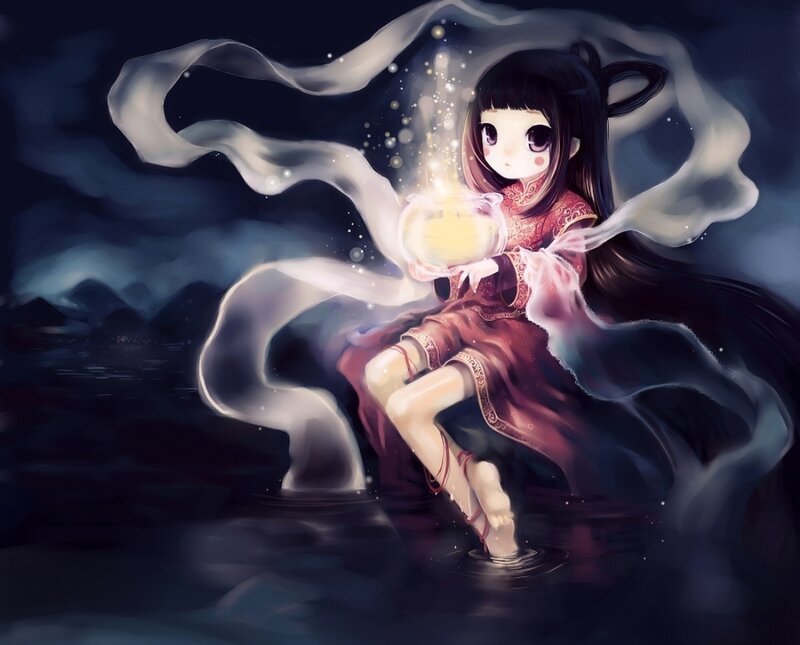 Girl Holding Glowing Orb — Dark Blue