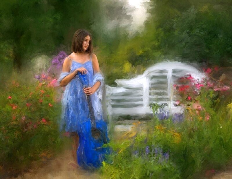 Girl Holding Guitar — Blue