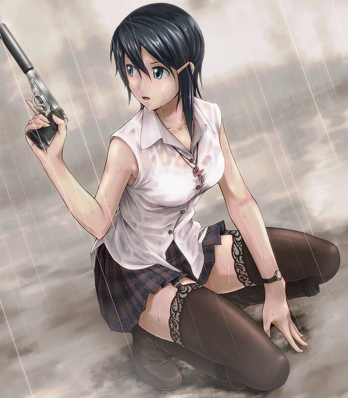 Girl holding gun in rain