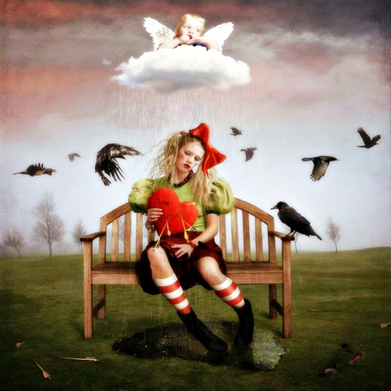 Girl Holding Heart on Bench — Green