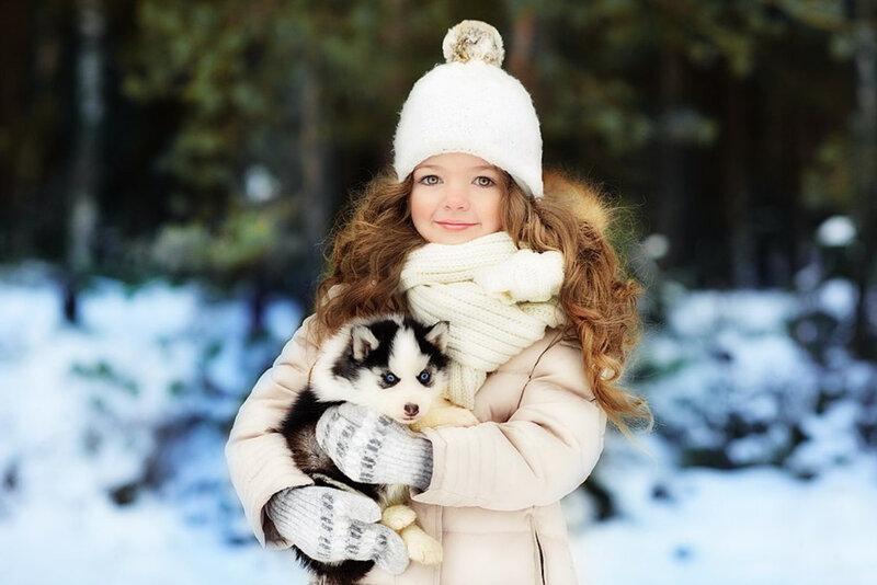 Girl Holding Husky Puppy — White