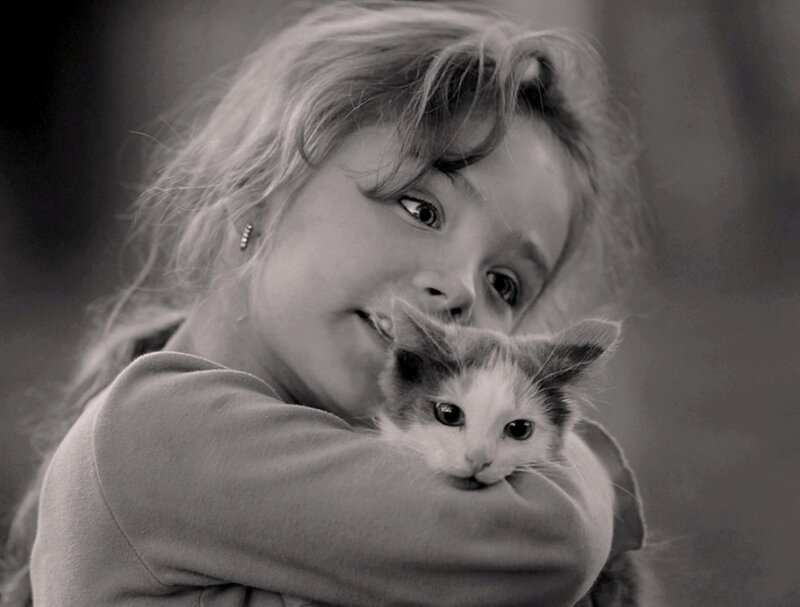 Girl Holding Kitten — Black