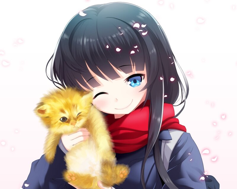 Girl Holding Kitten — Blue, Happy