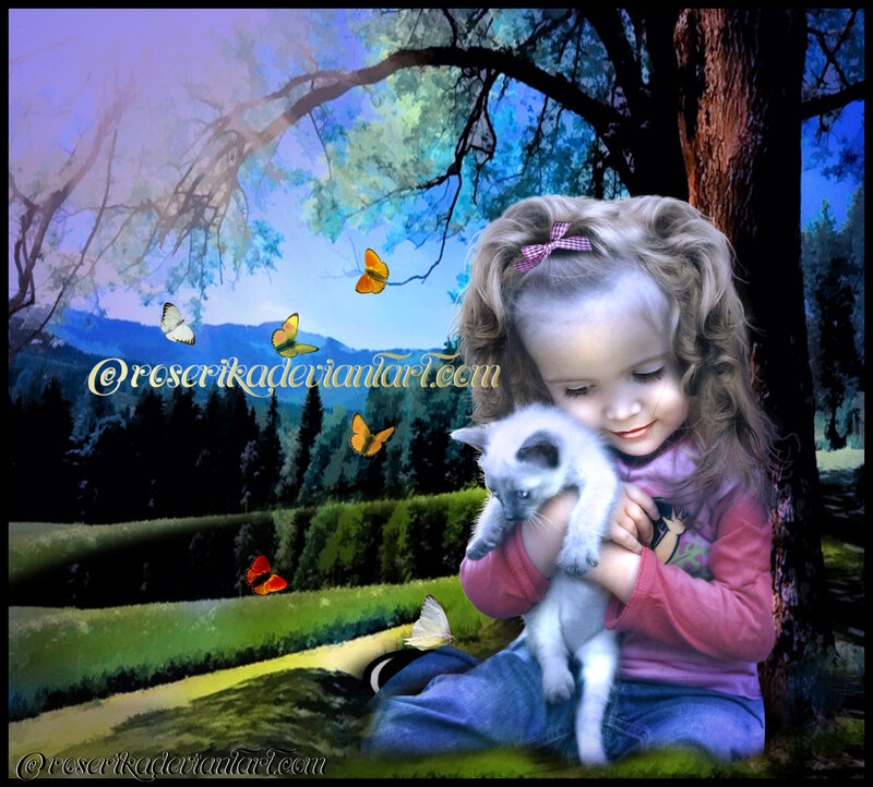 Girl Holding Kitten — Blue, Serene