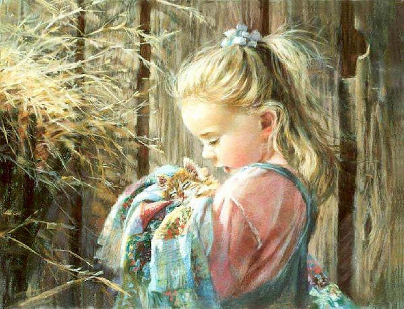 Girl Holding Kitten — Blue