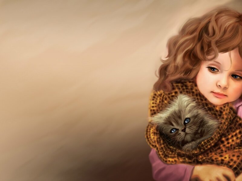 Girl Holding Kitten — Brown, Calm, Digital Art