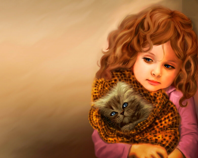 Girl Holding Kitten — Brown, Calm