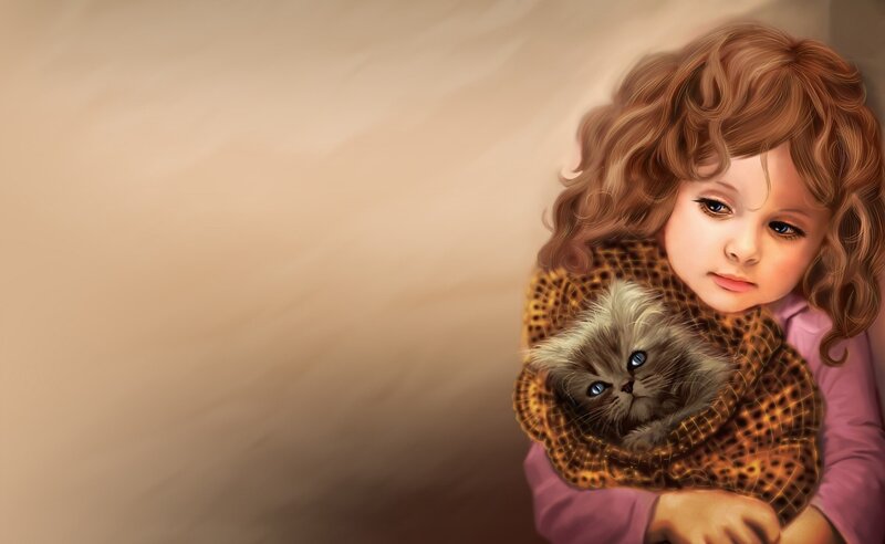 Girl Holding Kitten — Brown