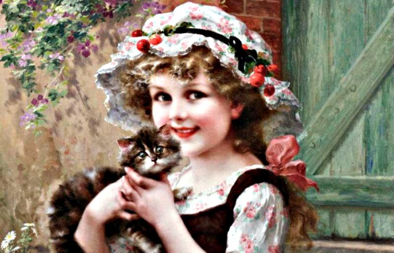 Girl Holding Kitten — White, Peaceful