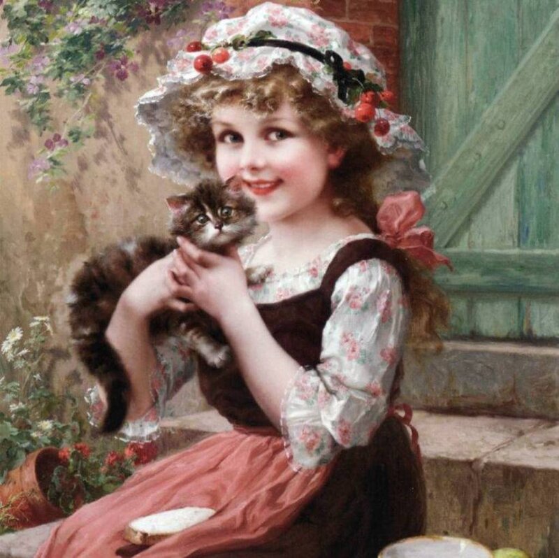 Girl Holding Kitten — White