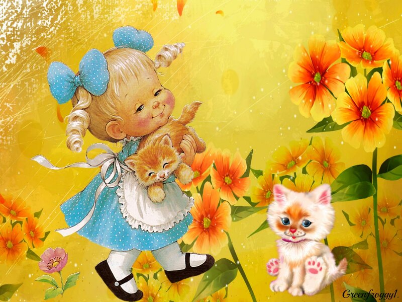 Girl Holding Kitten — Yellow, Cheerful