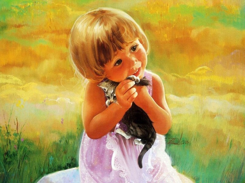 Girl Holding Kitten — Yellow