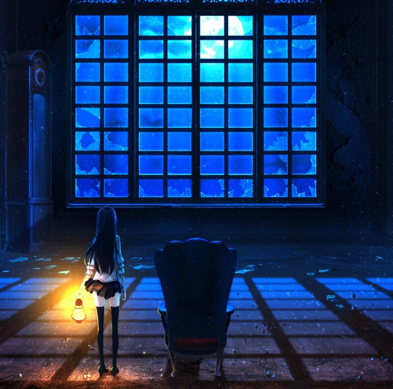 Girl Holding Lantern — Blue, Dramatic
