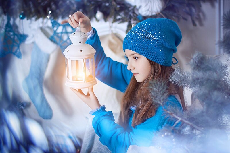 Girl Holding Lantern — Blue, Festive
