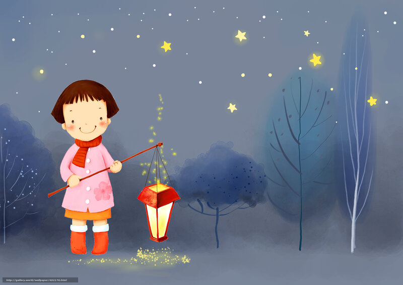 Girl Holding Lantern — Blue, Serene, Night, Illustration