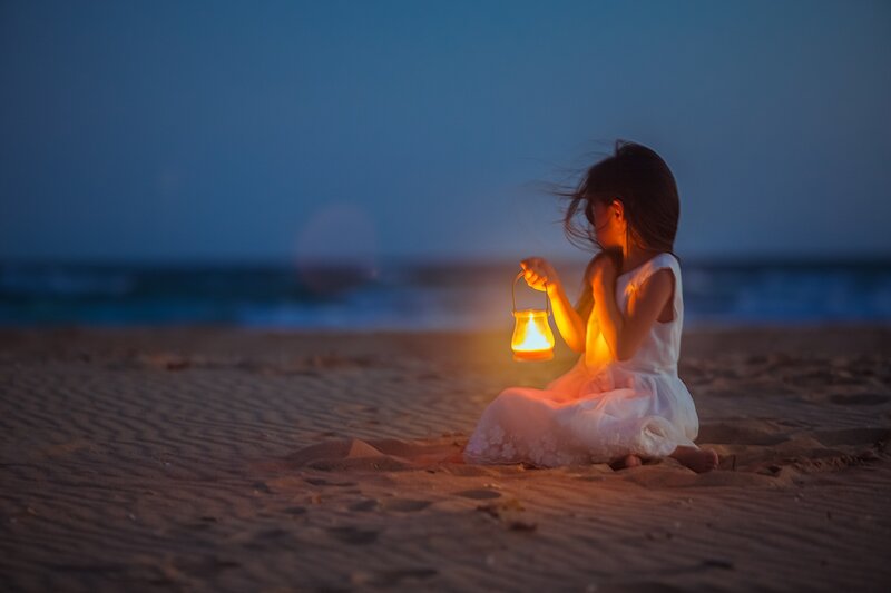Girl Holding Lantern — Blue, Serene, Night, Photograph, Beach
