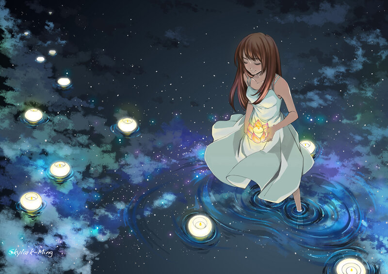 Girl Holding Lantern — Blue, Serene, Night
