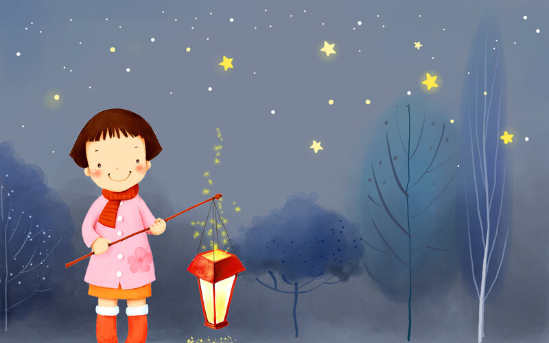 Girl Holding Lantern — Blue, Serene