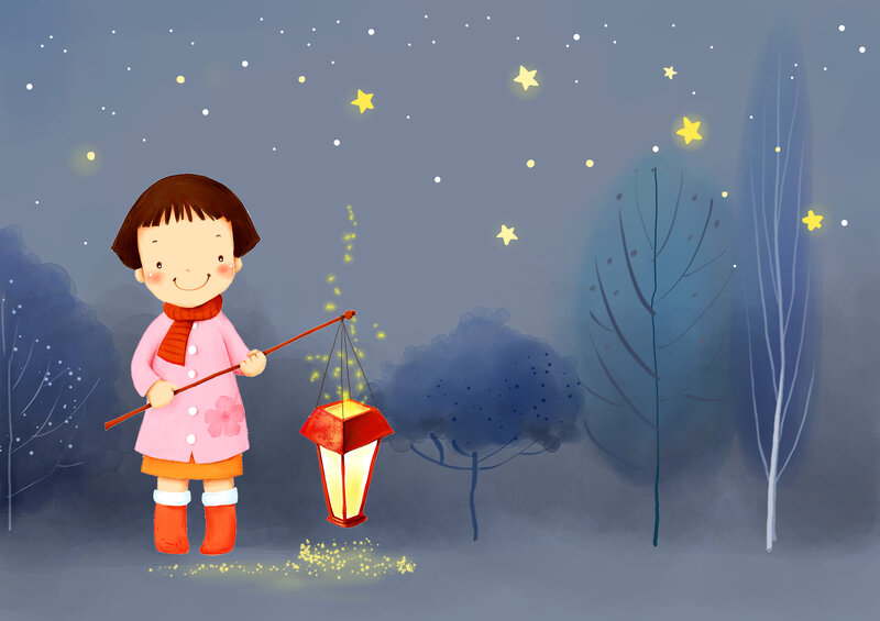 Girl Holding Lantern — Blue