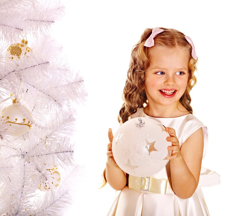 Girl Holding Ornament — White, Festive