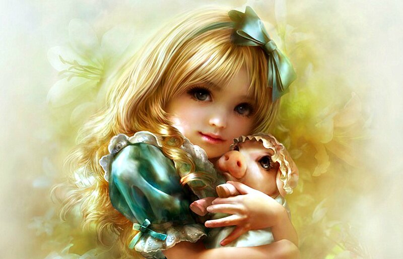 Girl Holding Piglet — Green