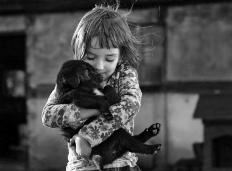Girl Holding Puppy — Black, Tender