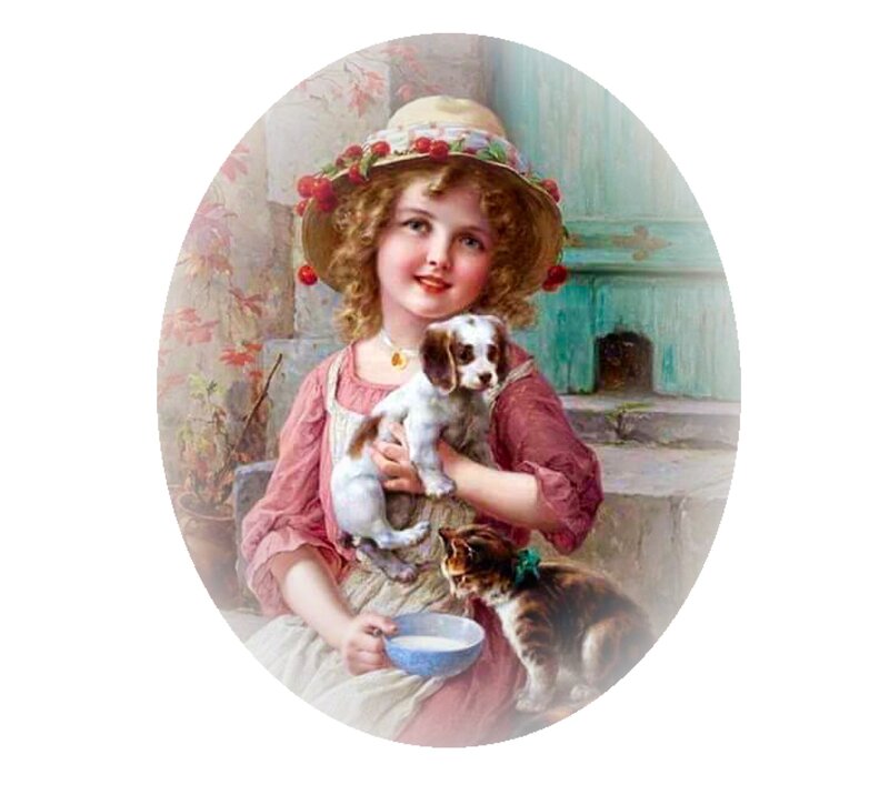 Girl Holding Puppy — Pink, Serene, Painting