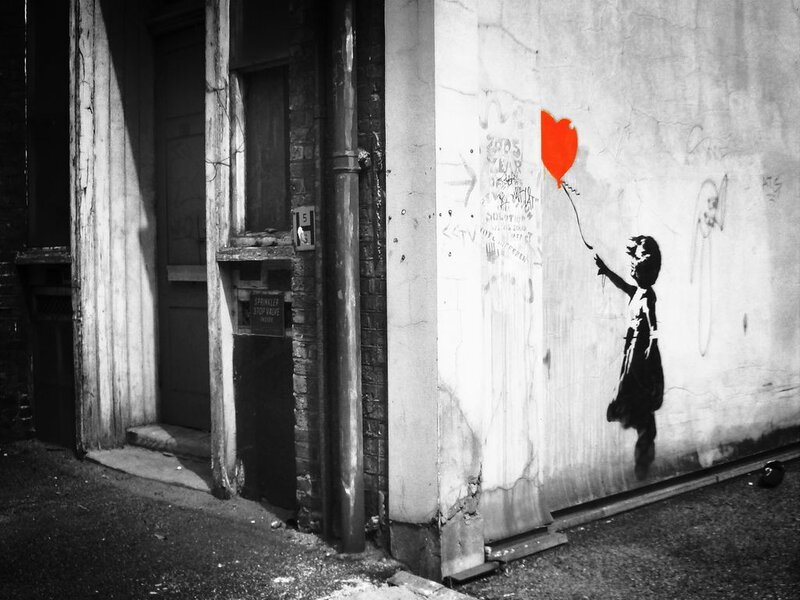 Girl Holding Red Balloon — Black, Dramatic