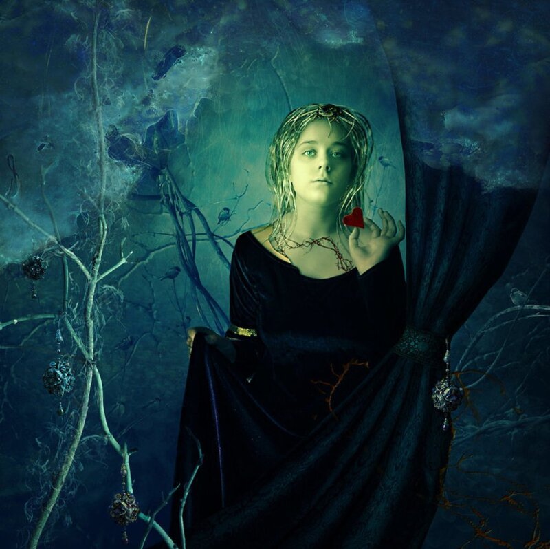 Girl Holding Red Heart — Blue, Mysterious