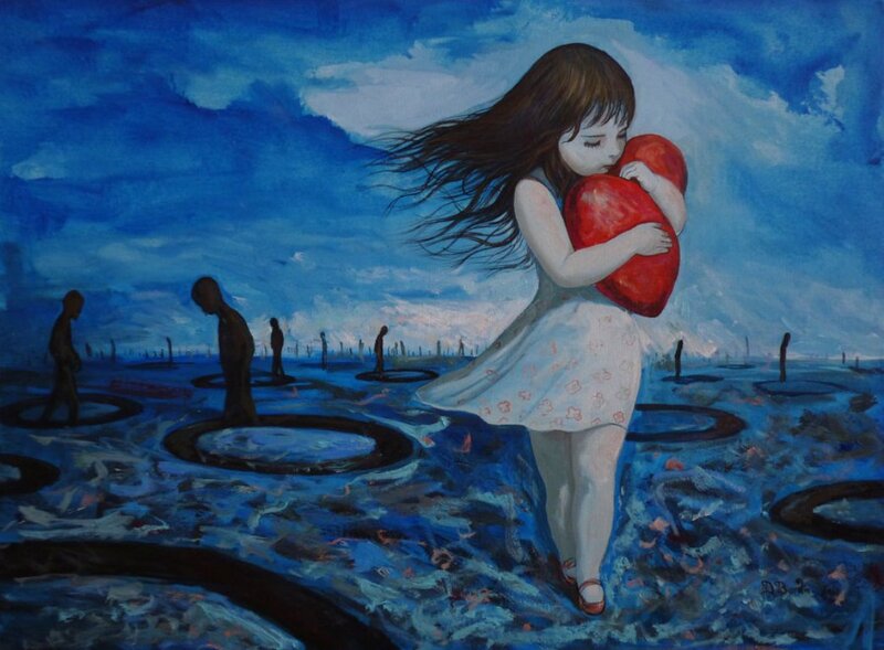 Girl Holding Red Heart — Blue