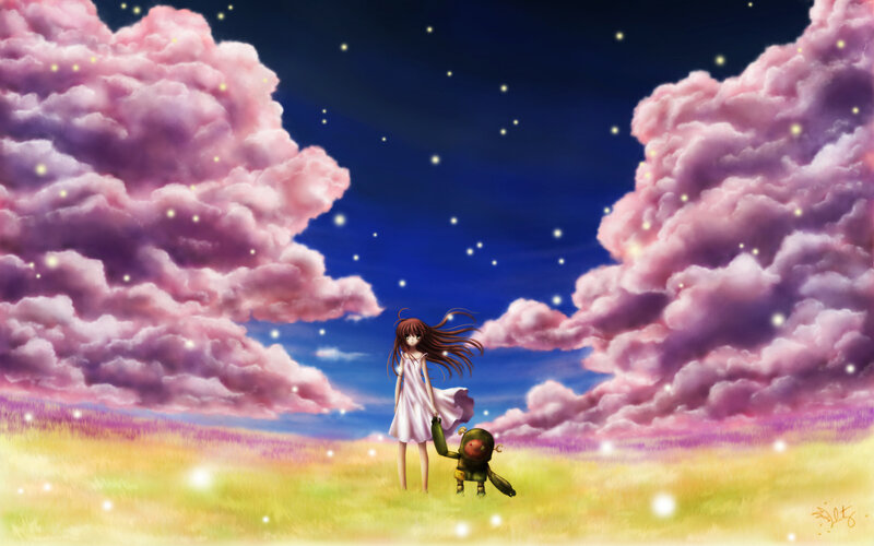 Girl Holding Robot Hand — Pink, Serene, Night