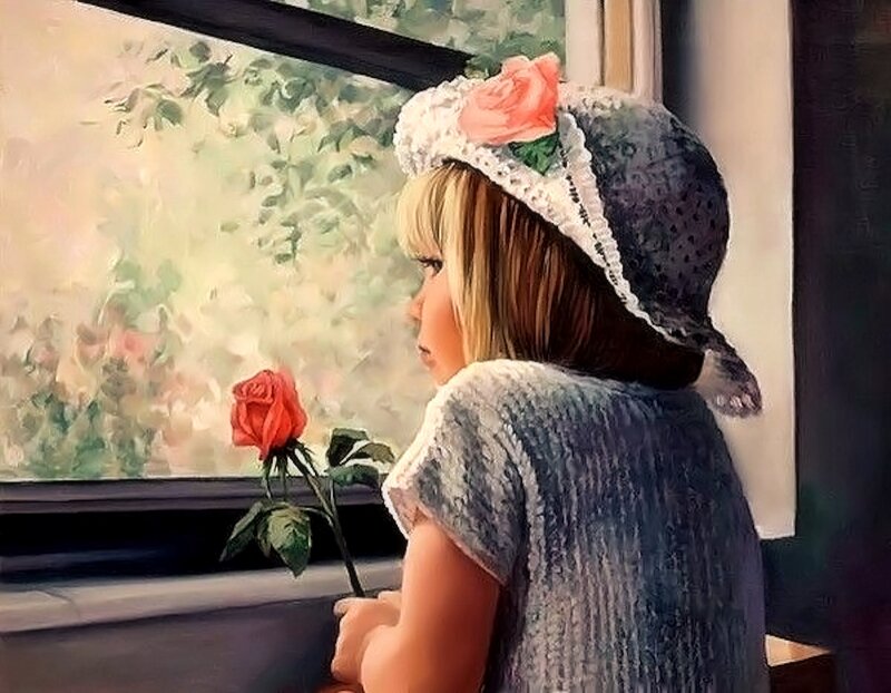 Girl Holding Rose — Blue