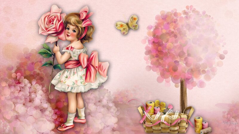 Girl Holding Rose — Pink, Whimsical