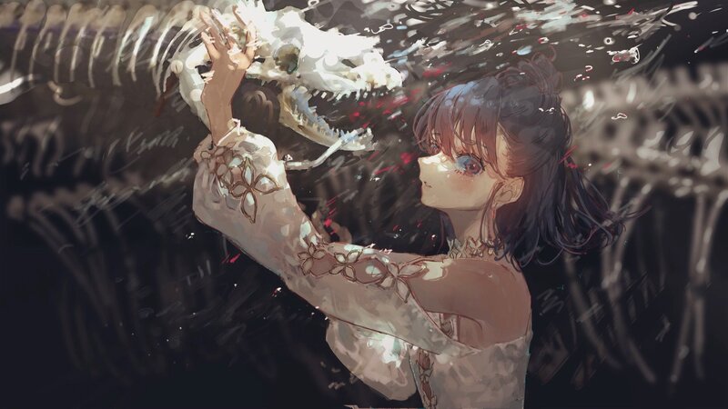 Girl Holding Skull — White, Dramatic