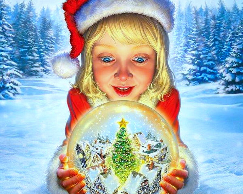 Girl Holding Snow Globe — White, Festive