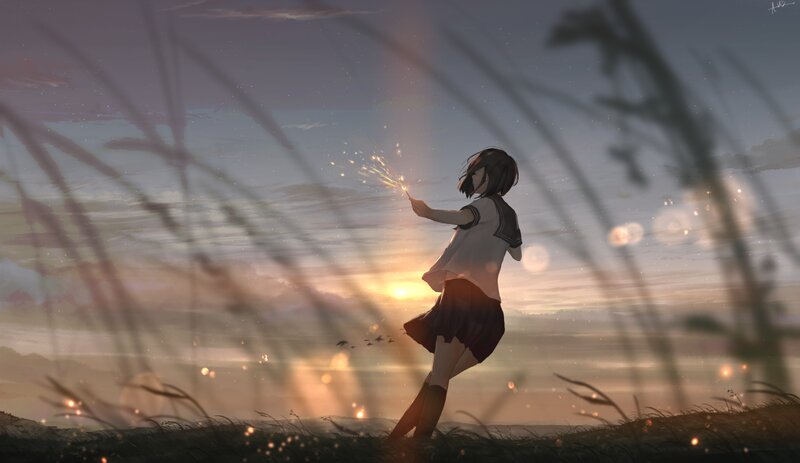 Girl Holding Sparkler — Purple, Serene, Sunset, Digital Art