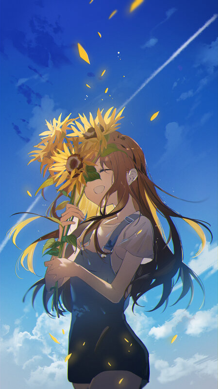 Girl Holding Sunflowers — Blue, Serene, Afternoon, Anime, Sky